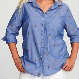 Chambray parrot print button down women's blouse, NWT